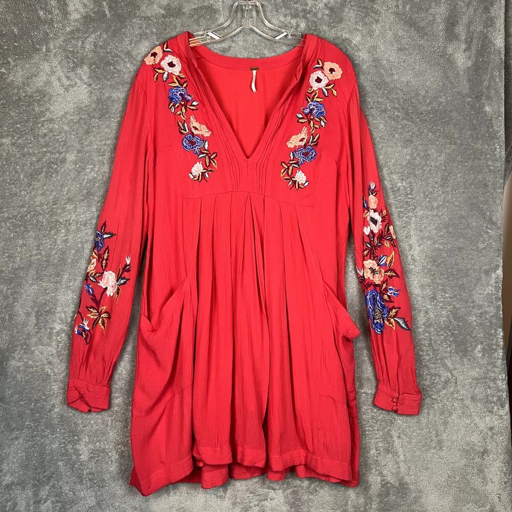 Free People Mia Gauze Embroidered Mini Dress Womens M Floral Pockets Boho